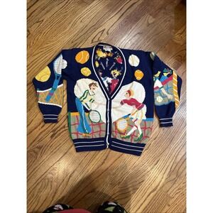 Vintage Jack B Quick Tennis Cardigan Sweater M Cotton Novelty Sports Knit